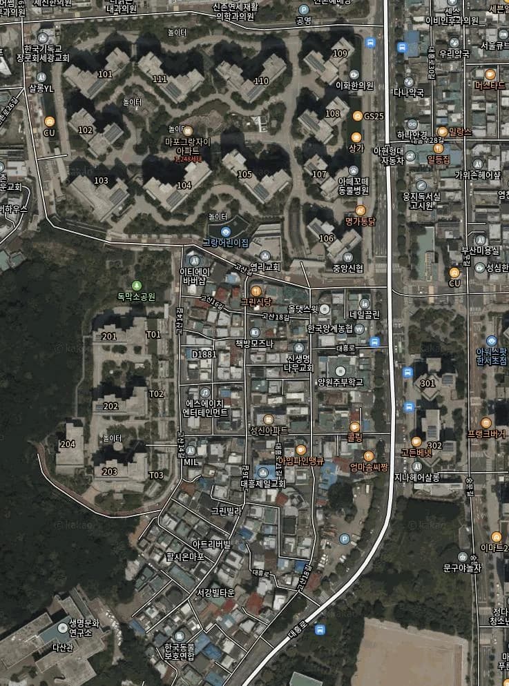 이대역 마포 프론티어 사업지 항공뷰 (마포그랑자이 1,248세대 인접)